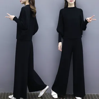 2 peças de conjunto de mulheres 2021 de outono, moda de nova mulher morcego luva de malha de largura da perna com o terno feminino solta grande tamanho de duas peças feminino