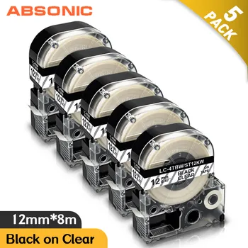 Absonic 5PK 12mm Etiqueta de Fita para impressora Epson ST12KW LC-4TBN Preto em uma Rotulagem Clara Robbon trabalho para EPSON LW-300 LW-400 Label Maker