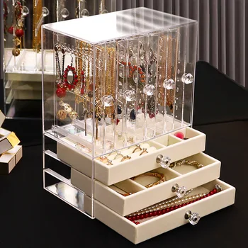 Transparente Caixa de Jóias Multifuncional à prova de Poeira Stand de Exibição tridimensional de Grande Capacidade Colar Brinco de Armazenamento de Caixa de