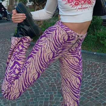Mulheres Zebra Calças Para Mulheres Y2k Estética Calças Mulheres Imprimir Roxo Bell Fundos De Zíper Roxo Flare Pants Impressão De Streetwear
