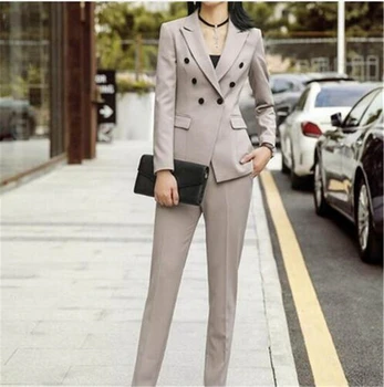 2 peças Cáqui PantSuits Formal Senhoras Office OL Uniforme Desenhos de Mulheres de Negócios Trabalho Jaqueta com Calças Define Custom Made