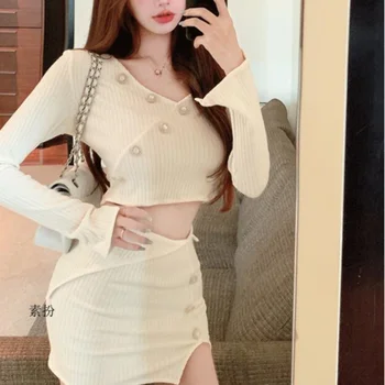 Camisola TVVOVVIN V Tops com Decote Sexy Hot Mulheres coreanas + Mini Saias Curtas roupa de Duas peças de Conjunto Irregular de Moda Branco 1P75