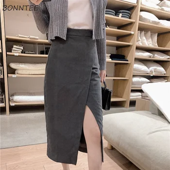 Saias das Mulheres de Verão Cintura Alta Slim Lado Sexy-de-fenda, Elegante, Feminino Faldas do Office Lady Todos-correspondem a Uma linha de Moda Sólida Estilo coreano