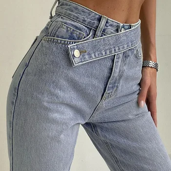 Streetwear Estilo coreano Jeans para as Mulheres a Moda Cintura Alta largura de perna de mulher calças Jeans Harajuku Carga Calças de brim de mulher