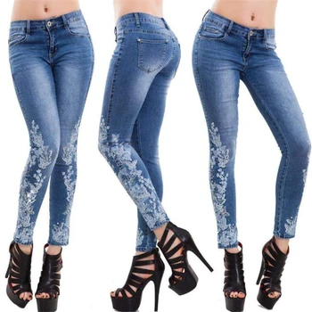 Trecho Bordado Jeans Para Mulheres Elástica Flor Jeans Feminino Magro Calças Jeans Padrão De Jeans Pantalon Femme