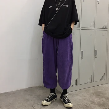 Harajuku Streetwear Casual Calças Para Mulheres Kpop Ulzzang Vintage Veludo Fino Cordão Calças Coreano De Hip Hop Roxo Calças Cargo